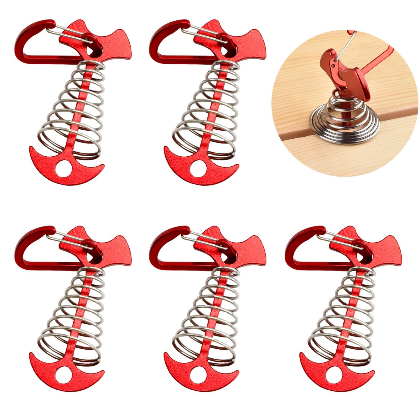 JINGIHE 5 PCS Fishbone Deck Anchor Pegs, Red Deck Furniture Anchors, Deck peg with Spring Buckle, 2.9 Inch x 1.4 Inch Adjustable Anchor Deck pegs, Tent Decks Anchors for Camping Hiking Supplies