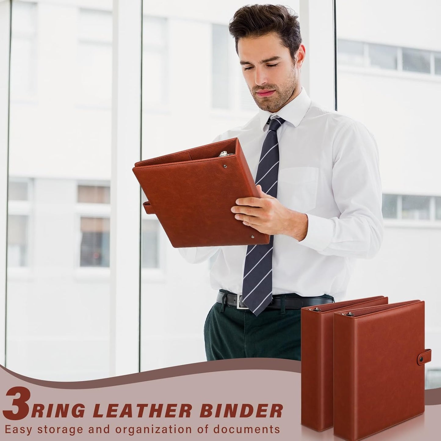 ReliThick 2 Pcs Leather 3 Ring Binder 2 Round Rings for 8.5 x11 Paper and Sheet Protectors Brown Binder Organizer Interior Pockets Snap Closure Letter Size