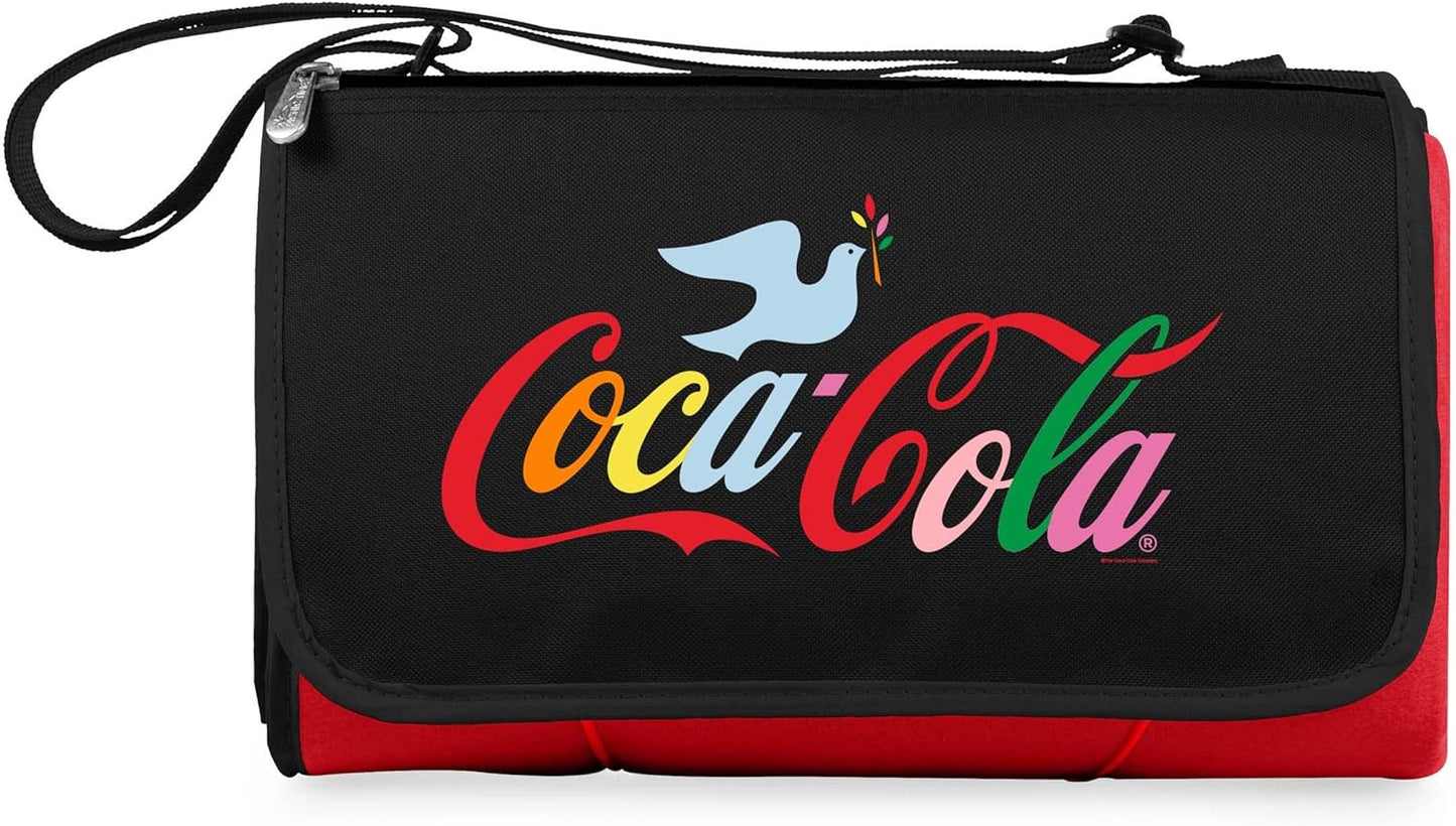PICNIC TIME Coca-Cola Emoji Blanket Tote Outdoor Picnic Blanket, Beach Blanket, Camping Blanket, (Red & White Gingham Pattern with Gray Flap)