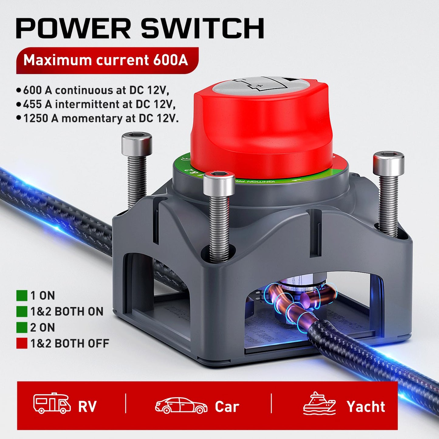 Nilight Battery Switch 1-2-Both-Off 12V 24V 48V 600A High Current Heavy Duty Battery Power Cut Master Switch Disconnect Isolator for Truck Vehicle Trailer RV Marine Boat Yacht