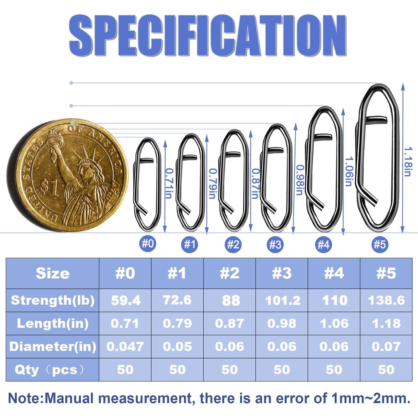 Fishing Clips Power Clip, 50pcs Speed Clip for Fishing Lure Quick Change Connector Link Split Rings Snaps Saltwater Freshwater Black Nickel #0