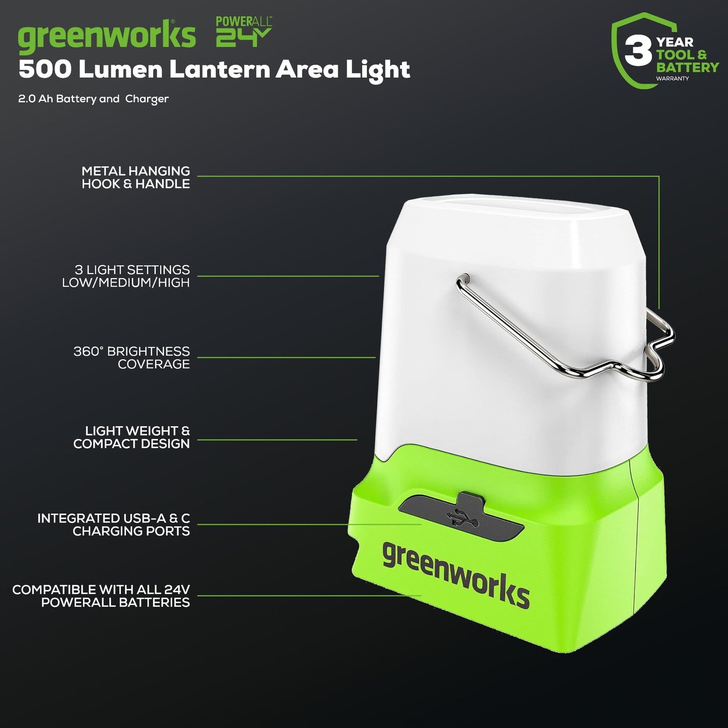Greenworks 24V Cordless Lantern, Portable 500 Lumens Camping Light with Hook and Two USB Output Ports, 3 Modes, Mini Area Light with 2Ah Battery and Charger