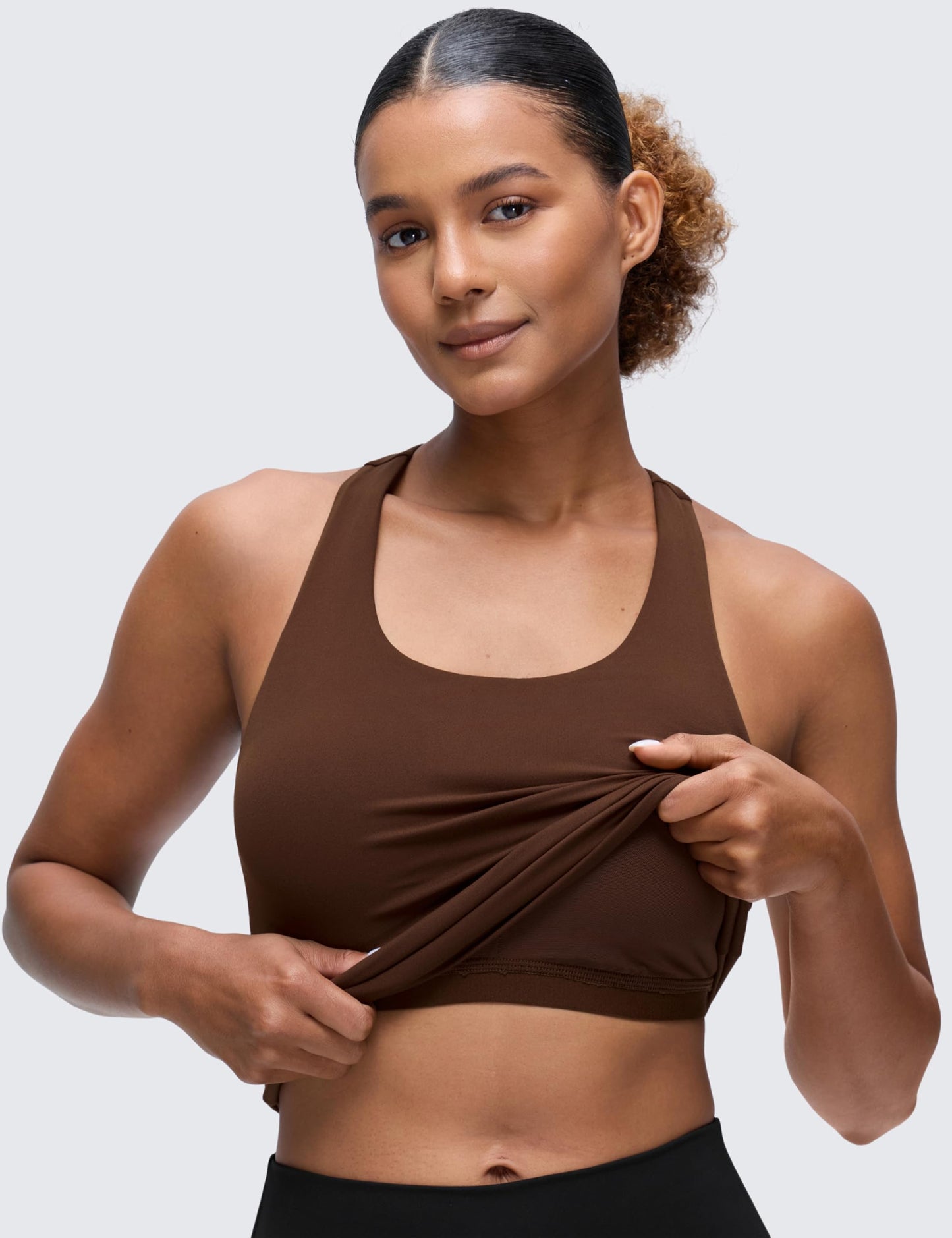 CRZ YOGA Butterluxe Workout Racerback Tank Tops for Women - Padded Athletic Spandex Yoga Shirts with Built in Bra Lava Brown Small