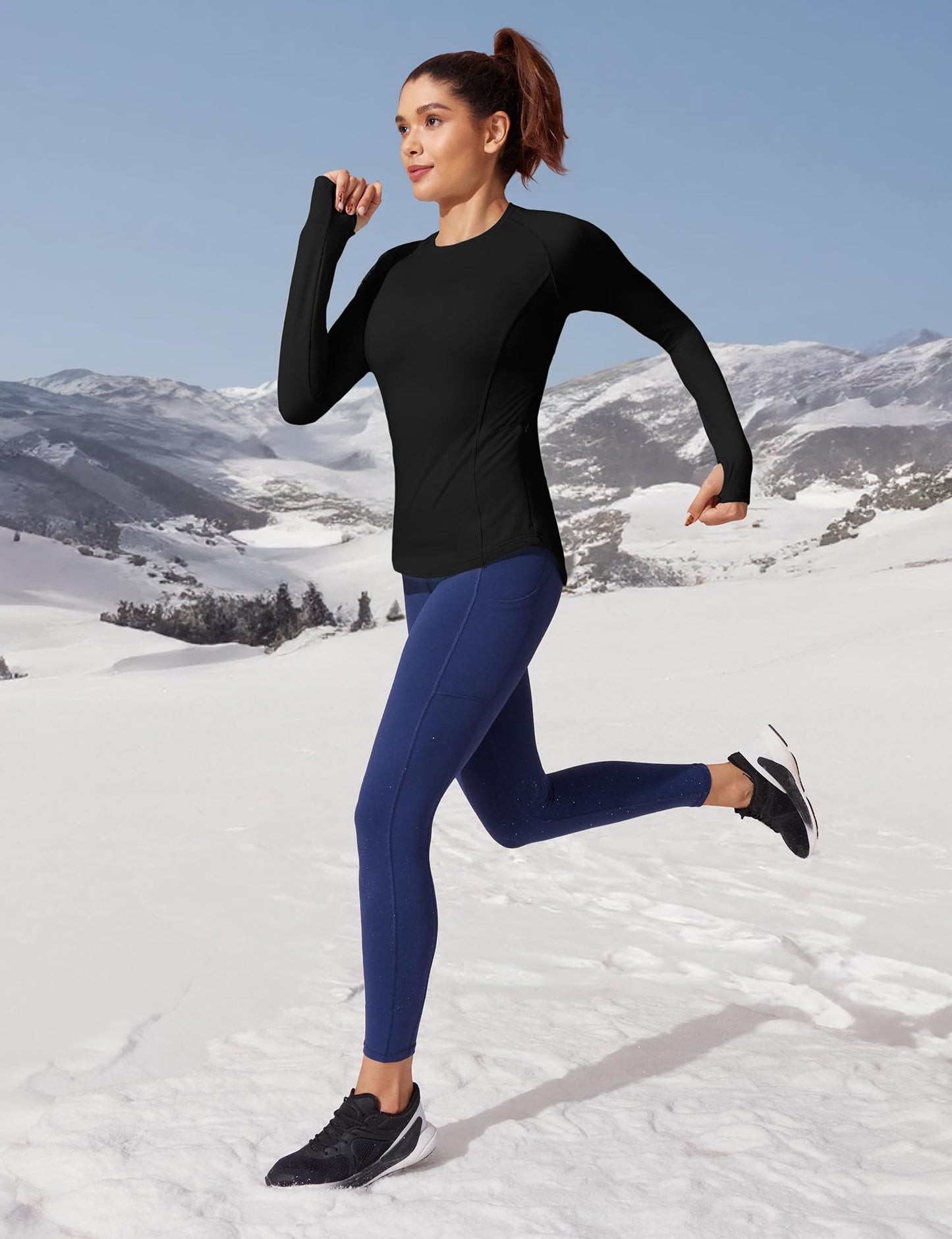 Ewedoos Thermal Shirts for Women Zipper Pocket Fleece Lined Long Sleeve Workout Tops Compression Running Hiking Ski Gear Black