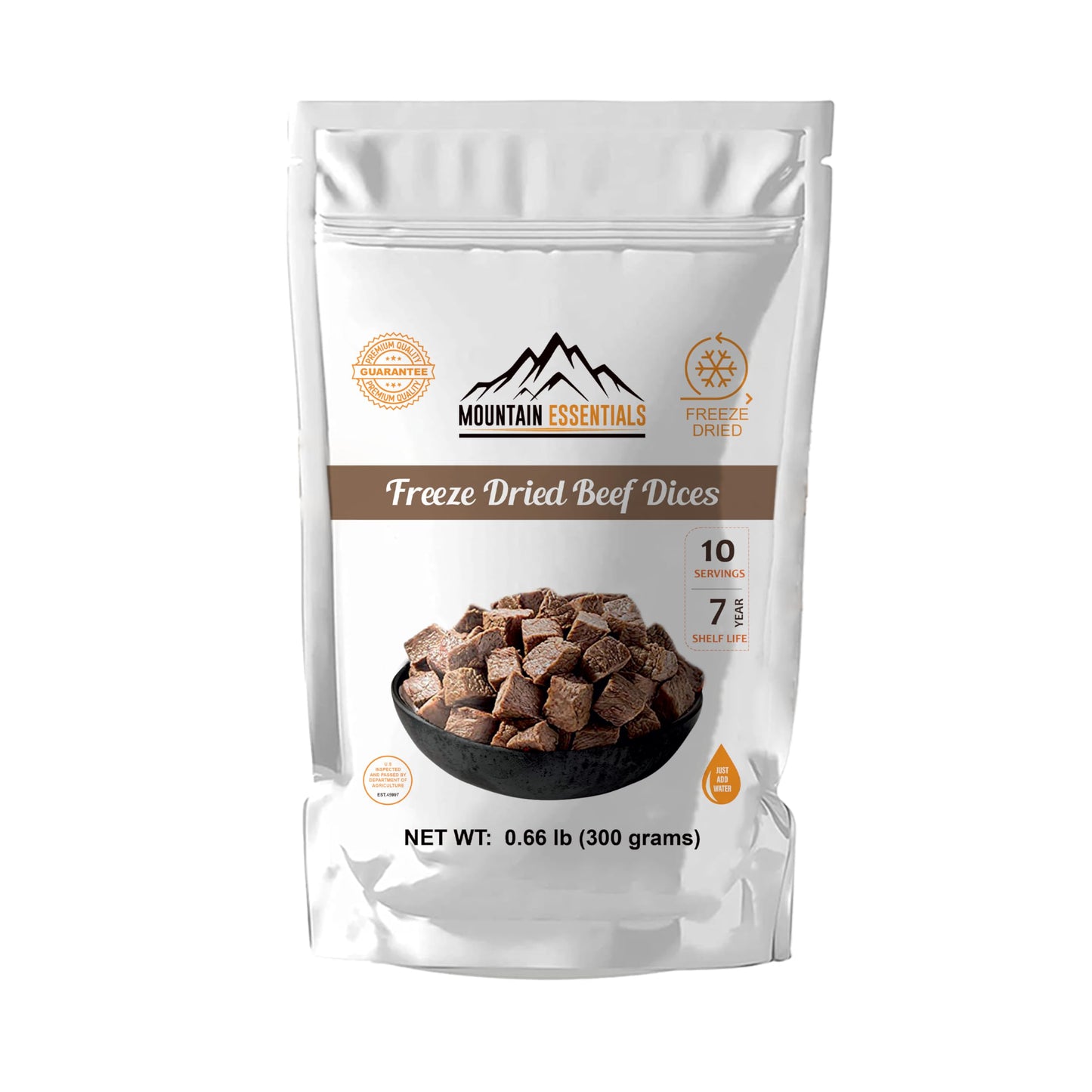 MOUNTAIN ESSENTIALS Freeze-Dried Diced Beef – Fully Cooked Pre-Cooked Meat | 240g High Protein Intake | 10 Servings per Pouch | Ready-to-Eat Meal Prep | Pantry Staples, Daily Meals, Emergency Survival, Camping Food | 7-Year Shelf Life | Made in USA | Pack