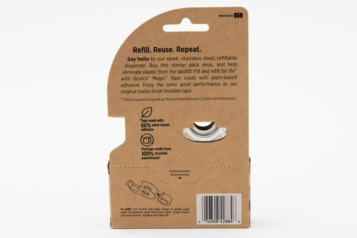Scotch Magic Tape Stainless Steel Refillable Dispenser with Plant-Based Adhesive Refill Pack, Includes 2 Rolls of Invisible Tape, 3/4 in x 550 in