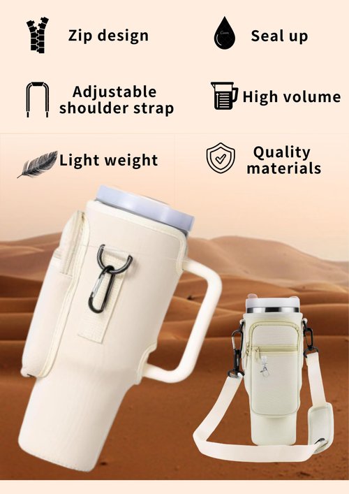 Water Bottle Carrier Bag with Phone Pocketfor Stanley 40/30 oz, Water Bottle Holder with Adjustable Shoulder Strap and Charm(White)