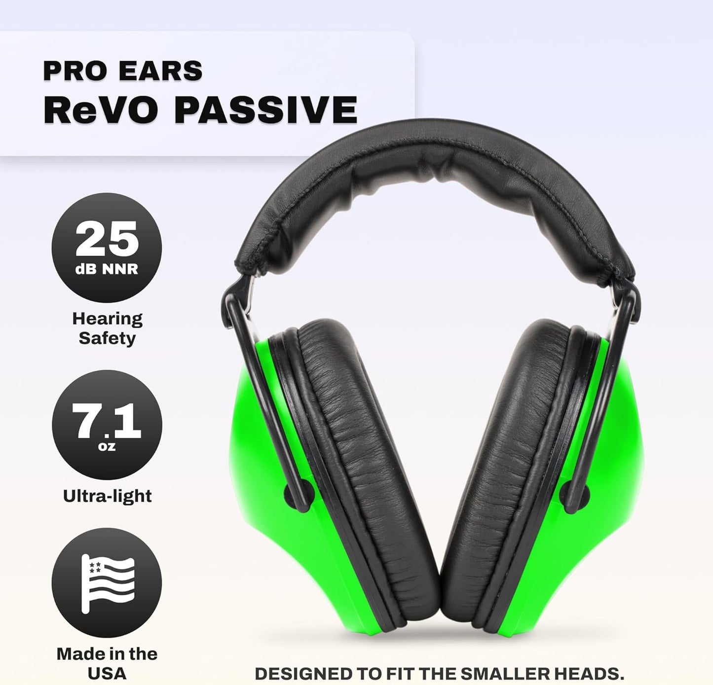 Pro Ears ReVO Passive Ear Muffs, Perfect for Children & Adults with Smaller Heads, NRR 25, Comfortable Fit w/Proform Leather Cushions, Ideal for Hunting, Concert, Racing, USA-Made, Zombie