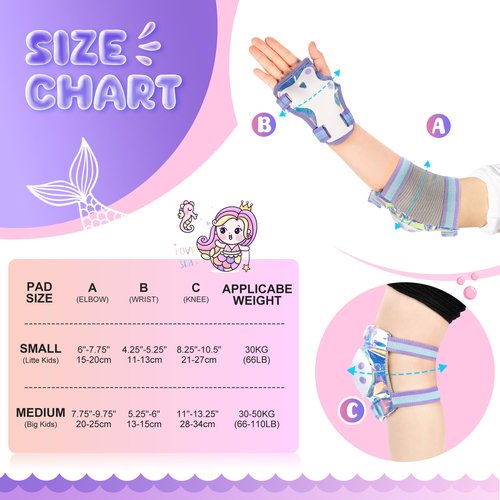 NEMONE Mermaid Knee Pads for Kids, Girls Boys Knee Elbow Pads Wrist Guards with Drawstring Bag, Adjustable Reflective Protective Gear Set for Roller Skates Bike Cycling Skateboard Scooter