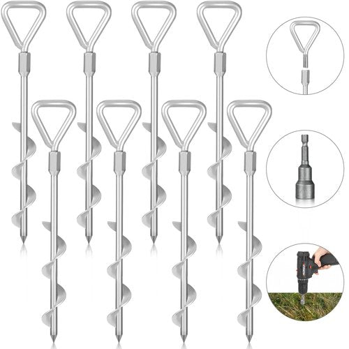 Gisafai 8 Pcs 12" Ground Stakes Heavy Duty Trampoline Stakes Ground Anchors Screw in Heavy Duty Tent Stakes with Drill Bit Metal Ground Anchors for Swing, Trampoline, Tents, Securing Animals (Silver)