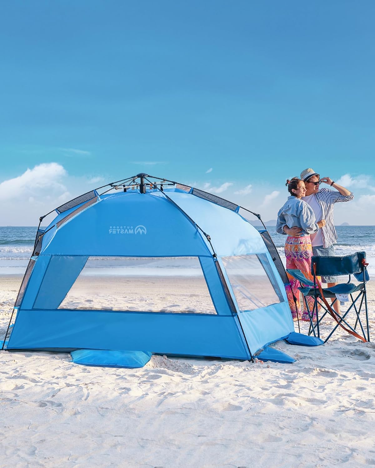 OutdoorMaster Beach Tent Sun Shelter for 3-4 Person, Pop Up Beach Tent Easy Setup with Sandbags, Portable Sun Shade Canopy with Carrying Bag for Beach & Outdoor, UPF50+ UV Protection, Family Size