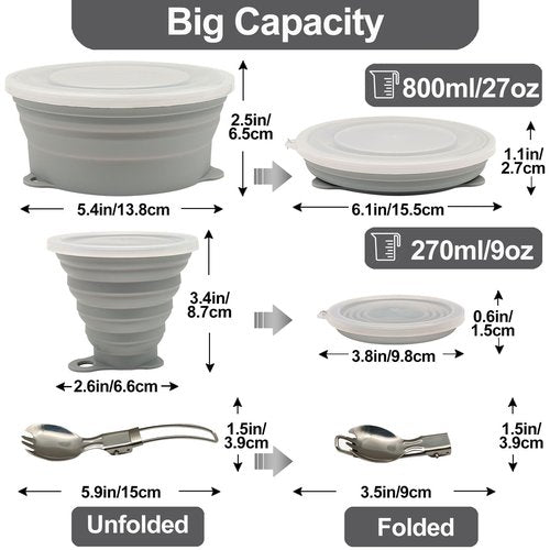 Cagelya Mess Kit for Camping Silicone Collapsible Bowl Collapsible Cup and Stainless Steel Spoon for Backpacking Outdoor Hiking Traveling and Picnic - 4 Pack
