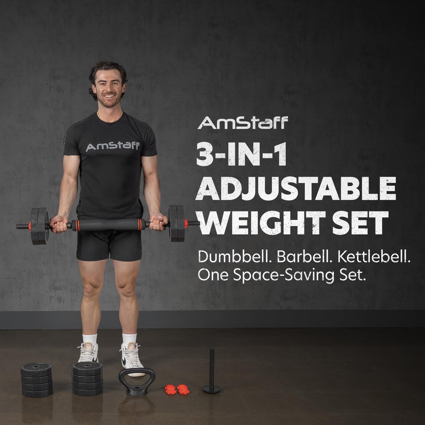 AmStaff Fitness 3-in-1 Adjustable Set: Dumbbell, Kettlebell, Barbell, 12-Level Weight Adjustment, Multi-Use Home Gym Gear for Men & Women (42lb)