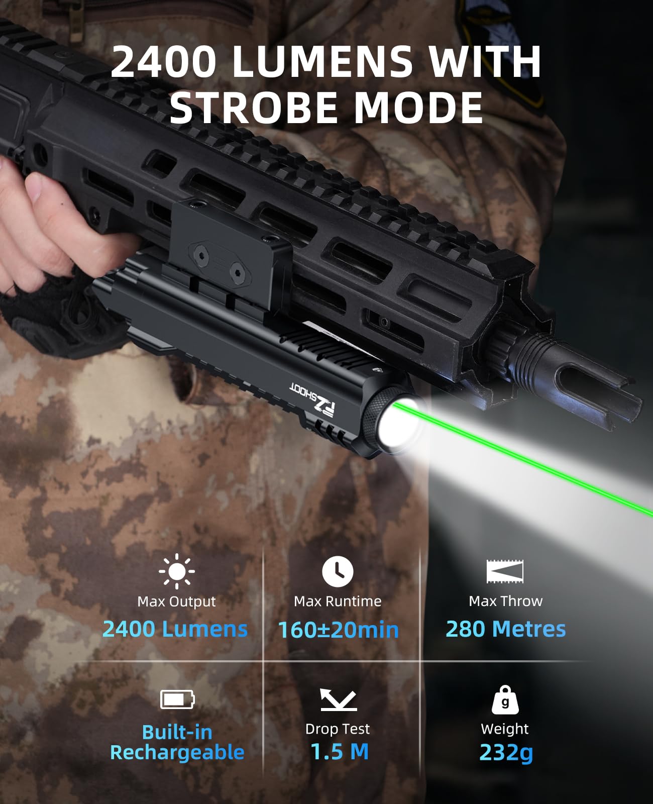 EZshoot 2400 Lumens Rifle Laser Light Combo, Rechargeable Rifle Flashlight Compatible with Picatinny and M-Rail, Tactical Green Light Laser Beam for Rifle with Strobe Mode