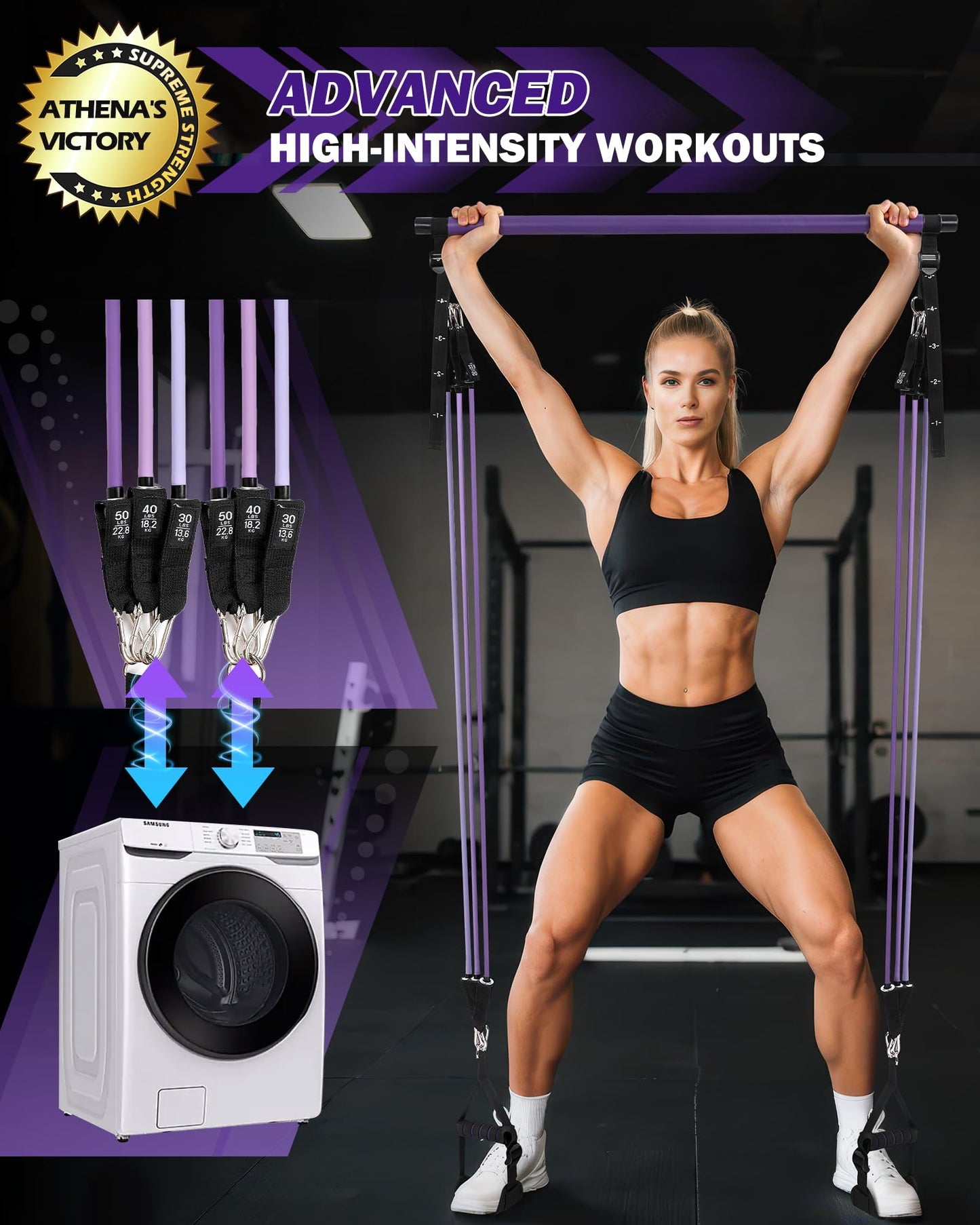 ALongSong Upgraded Pilates Bar Kit with Heavy Resistance Bands 30/40/50lbs with Yoga Ball for Home Gym Workout Exercise Pilates Equipment Strengthen Muscles Flexibility Body Shaping