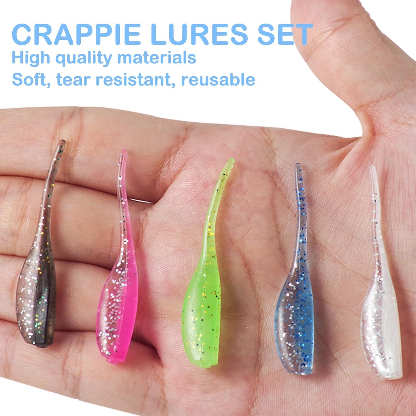100pcs Crappie Lures Kit, Crappie Jig Heads and Crappie Baits Soft Plastic Fishing Lures for Crappie
