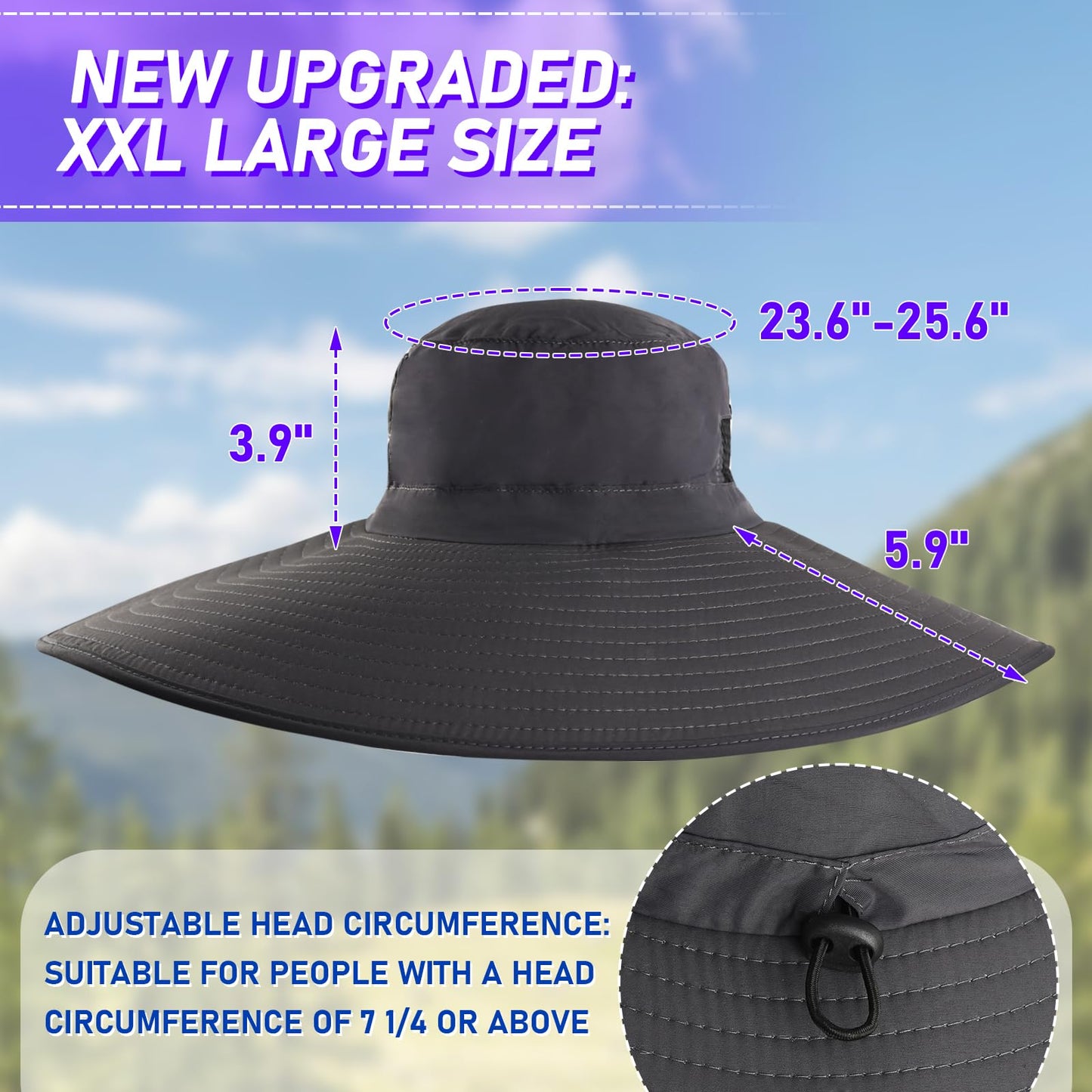 ALANGDUO XXL Big Head & Super Wide Brim Sun Hats for Men, Large Fishing Sun Hat UPF50+Waterproof Boonie Bucket Hat for Safari Gardening,Hiking, Beach Dark Grey