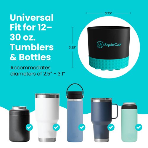SquidCup Non-Tipping, Anti-Spill Cup Holder for Boats, Kayaks, SUPs, RVs, Fishing & Camping | Universal 12–30 oz Fit | BPA-Free, Optional SquidDisk Mount Included for Textured Surfaces (Black/Teal)