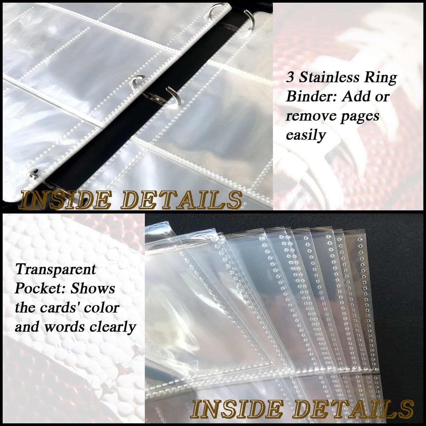 Football Card Binder 900 Pockets, Trading Card Binder Holder with 50 Removable Sleeves Fits 900 Sport Cards, Football Card Gifts Collector Album with Zipper Storage Display Case