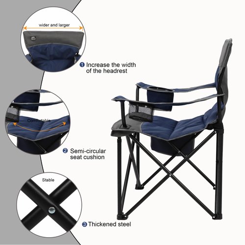 LANMOUNTAIN Oversized Folding Camping Chair,Heavy Duty Padded Portable Lawn Chair w/Extra Large Cup Holder,Side Pocket for Adults Outdoor Sports Hiking Beach Garden Picnic,Dark Blue