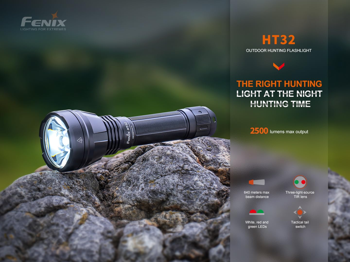 Fenix HT32 Tri-Color Hunting Light, 2500 Lumens 700 Yard Long Range Spotlight, USB-C Rechargeable for Hog Coyote Varmint Hunting with Extra Backup Battery and LumenTac Organizer