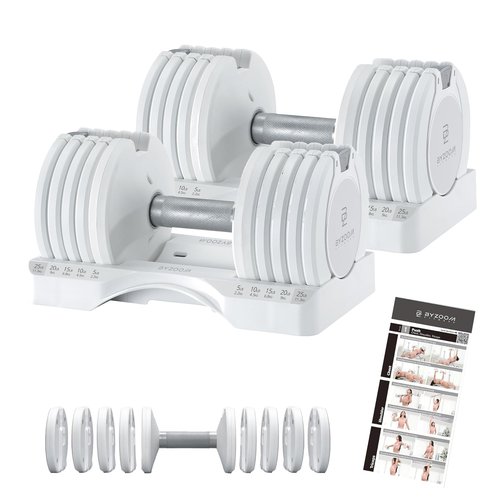 BYZOOM FITNESS Adjustable Dumbbell – 12.5/25lb Single Unit OR Set of 2 – 5-in-1 Adjustable Weight for Home Gym, Strength Training & Fitness Workouts, White OR Black