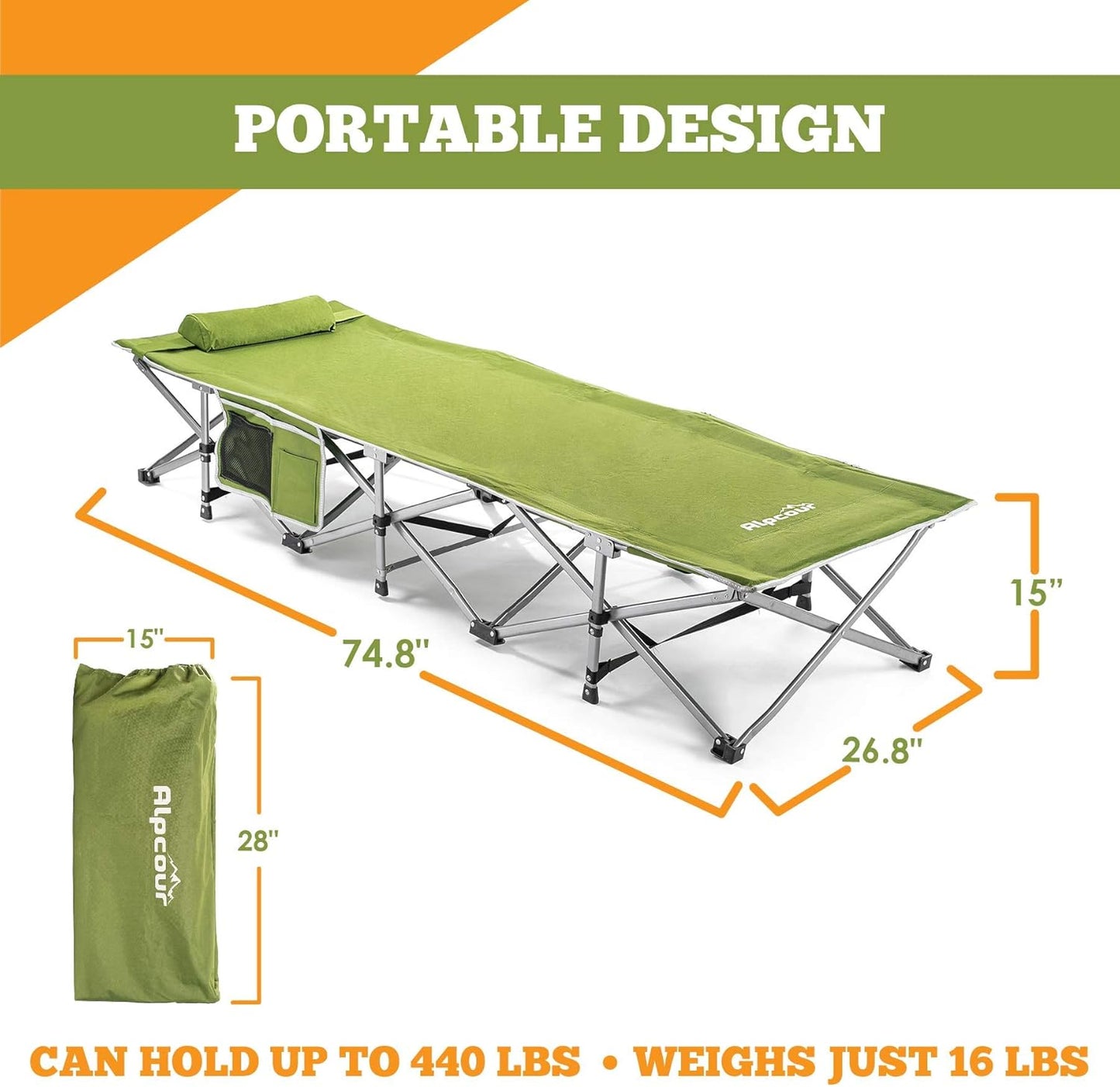 Alpcour Folding Camping Cot – Extra Strong Single Person Small-Collapsing Bed in a Bag w/Pillow for Indoor & Outdoor Use – Deluxe Comfortable Extra Heavy Duty Design Holds Adults & Kids Up to 440 Lbs