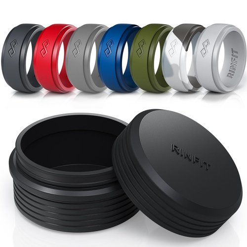 Silicone Wedding Bands for Men and Silicone Ring Box Combo - 30-Ring Capacity Silicone Box for Silicone Rings - 7 Infinity Rings SetL, size 9