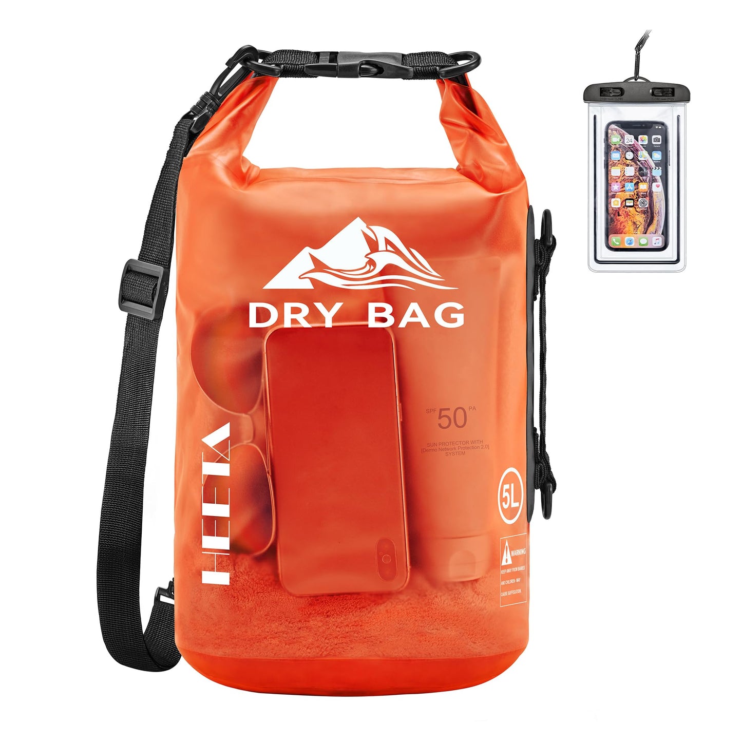 HEETA Dry Bag Waterproof for Women Men, Roll Top Lightweight Dry Storage Bag Backpack with Phone Case for Travel Swimming Boating Kayaking Paddle Board Camping Beach Accessories (Orange, 40L)