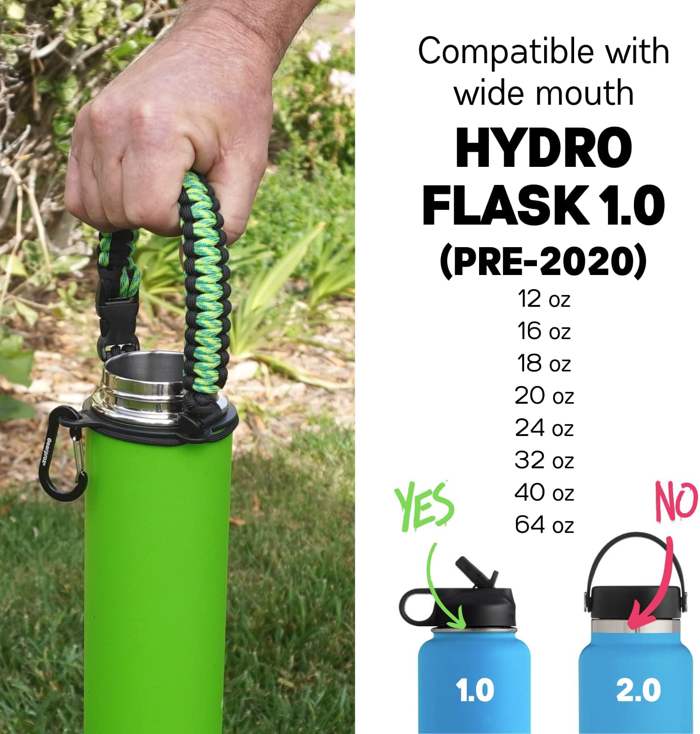 HydroCord Handle for Hydro Flask Wide Mouth Water Bottles, Hydroflask 1.0, Iron Flask, Thermoflask and Takeya Reusable Water Bottles, Paracord Survival Strap