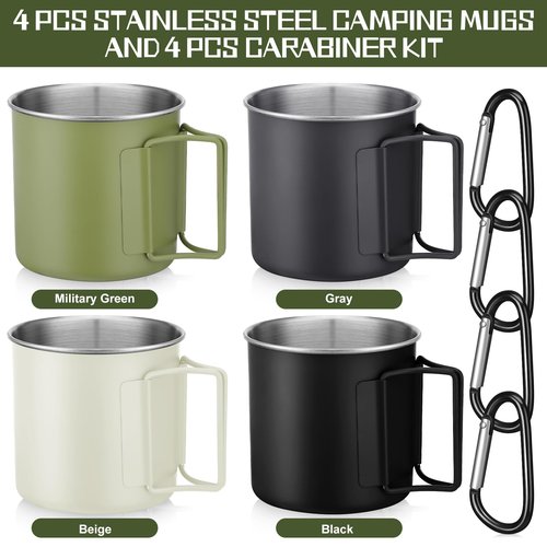 Zhehao 12 oz Camping Mugs Set of 4 Metal Camping Coffee Cups Stainless Steel Cups with Folding Handles D Ring Portable Backpacking Mugs Travel for Outdoor Hiking Climbing Picnic Party
