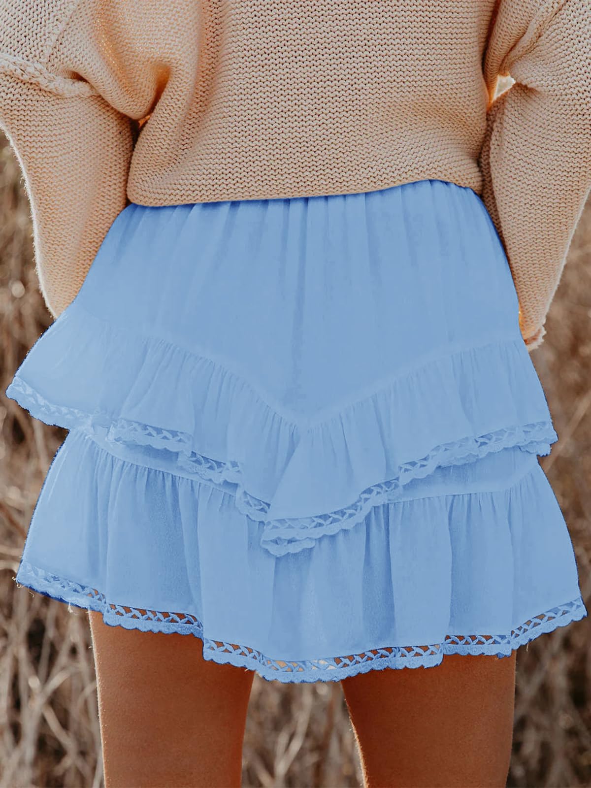 Aoudery Flowy Shorts for Women Casual Boho Ruffle Tiered Skorts High Waist Mini Skirts Golf Tennis Butterfly Crochet Shorts - Sky Blue XS