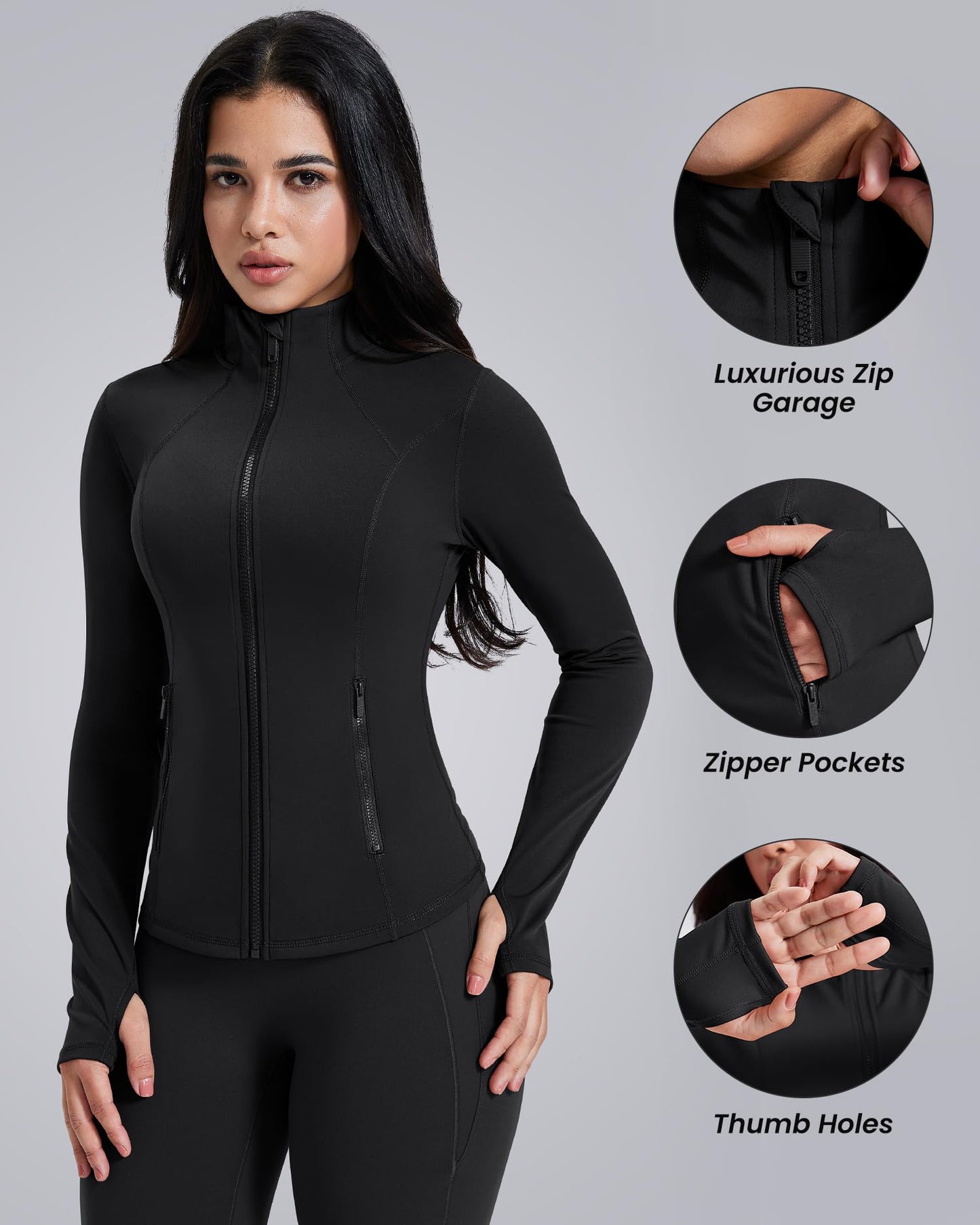 AVGO Womens Workout Jackets Lightweight Athletic Zip Up Jacket Slim Fit Running Gym Top with Pockets & Thumb Holes(Black, S)