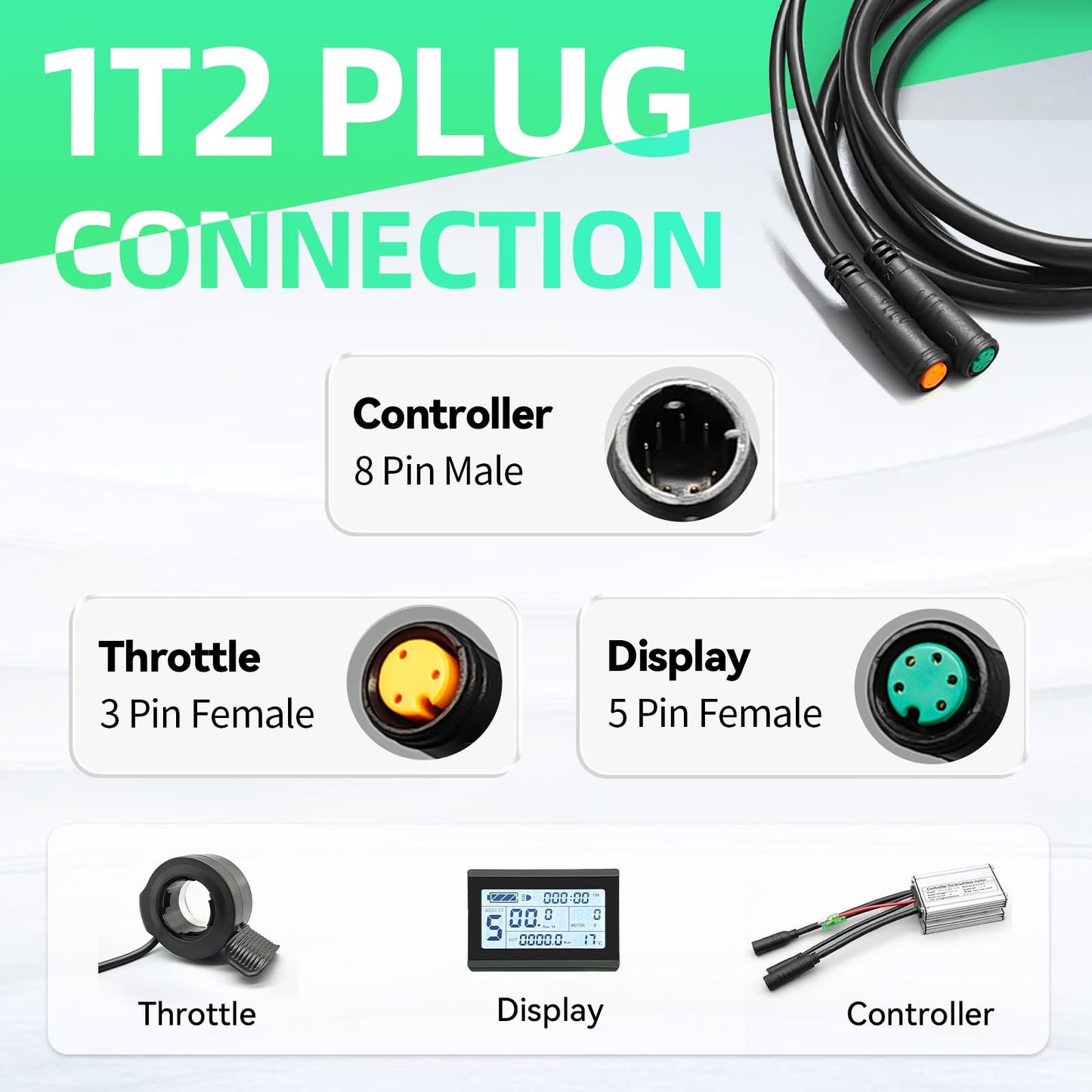 FOBOXCHD Electric Bicycle Signal Cable 1T4/1T5, Connecting Controller to Display, Throttle, Light Function, 150cm Length (1 to 2)