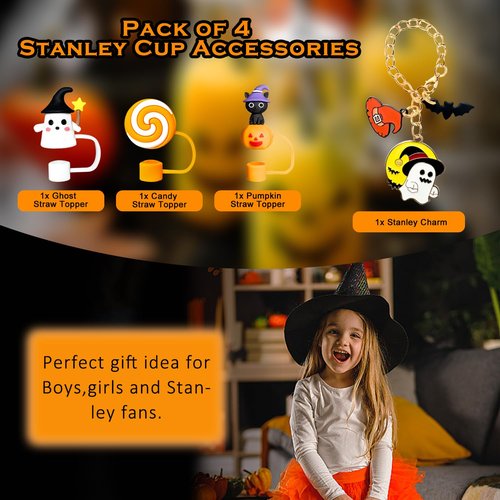 Meomchee Halloween Stanley Cup Accessories, 3Pcs Cute Silicone Straw Toppers and 1 Ghost Charm, Personalized Accessories for Stanley 30 40 oz Tumbler with Handle