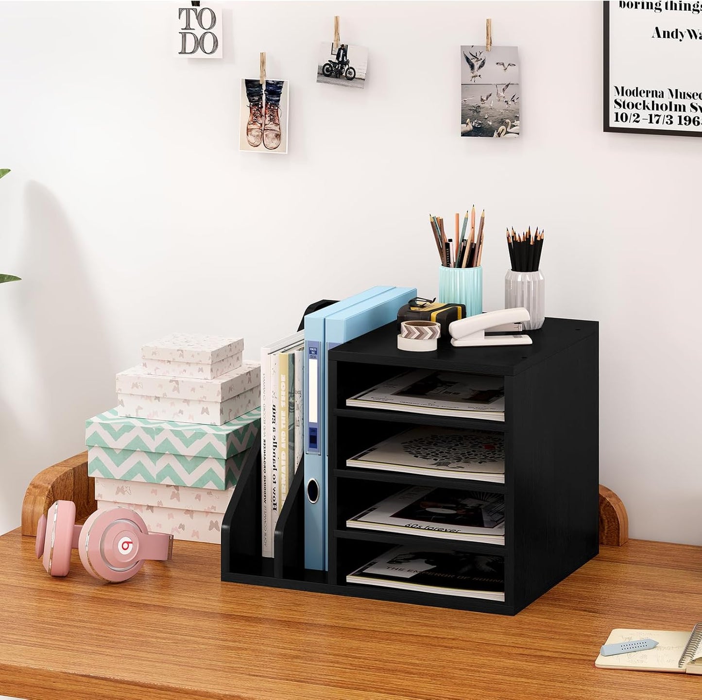 Wood Desk Organizer File Holder, Wooden Mail Organizer Countertop with Adjustable Compartments, Desktop File Organizer Paper Sorter for Home, Office and School, Envelope Organizer, Black