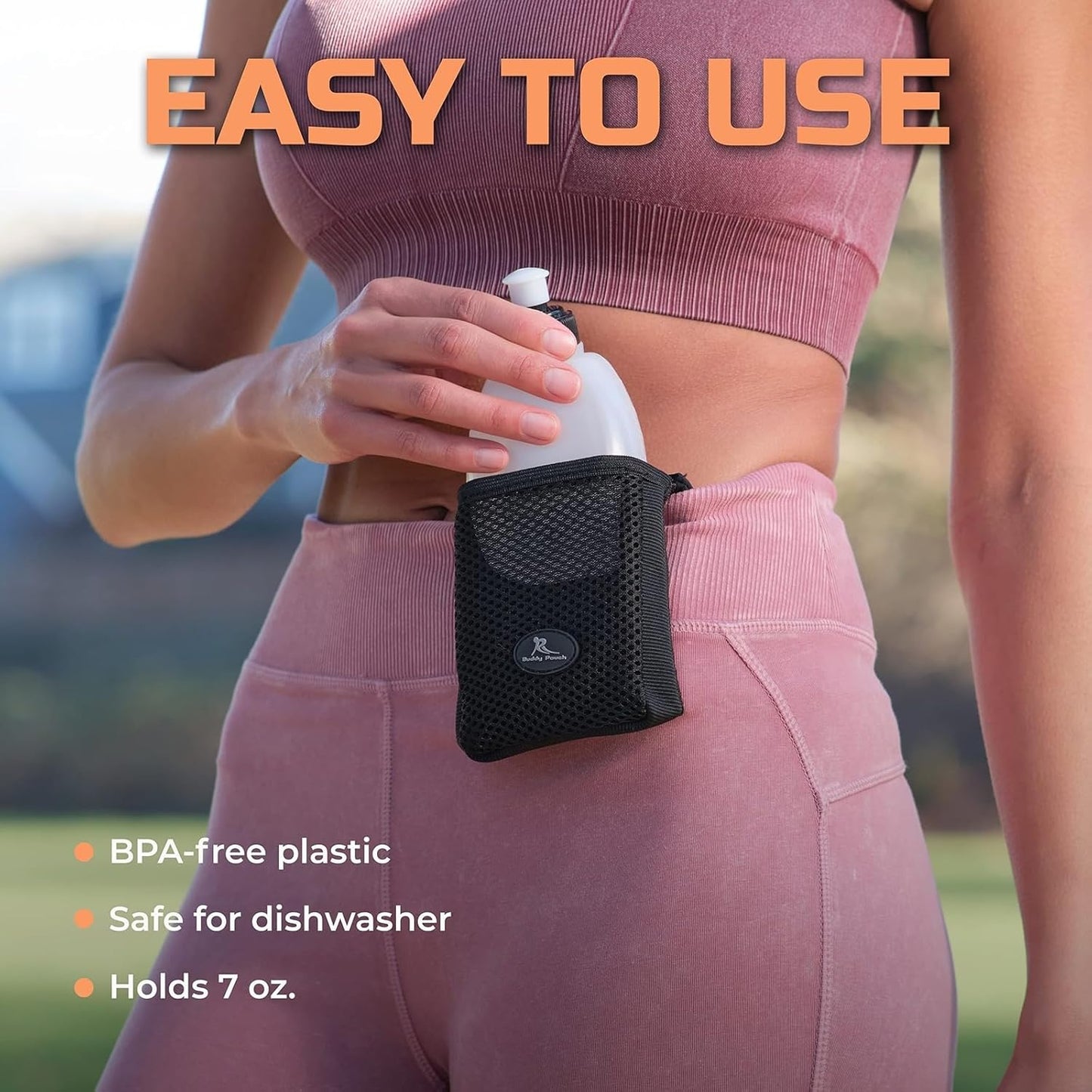Running Buddy Running Water Bottle Pouch - 4" x 4" Black, 7 oz - Magnetic Water Bottle Holder for Running & Walking - No-Bounce Hydration Pack