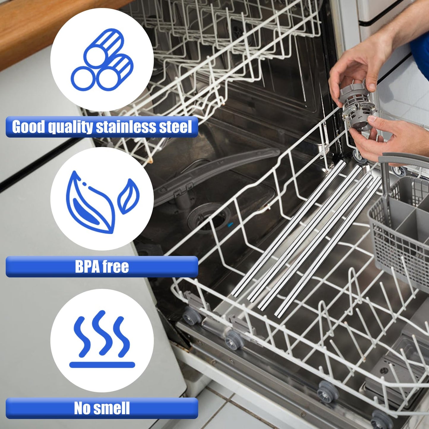 4pcs Metal Press in Straw Replacement with 2pcs Straw Brushes for Hydro Flask, Silver Stainless Steel Practical Straws Replacement Accessories Compatible with Hydroflask Wide Mouth Water Bottle 64oz