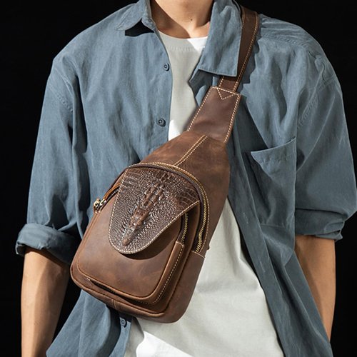Myunxui Genuine Leather Sling Bag for Men Women Backpack Chest Shoulder Satchel Crossbody Bags Casual Outdoor Daypack Deep Brown