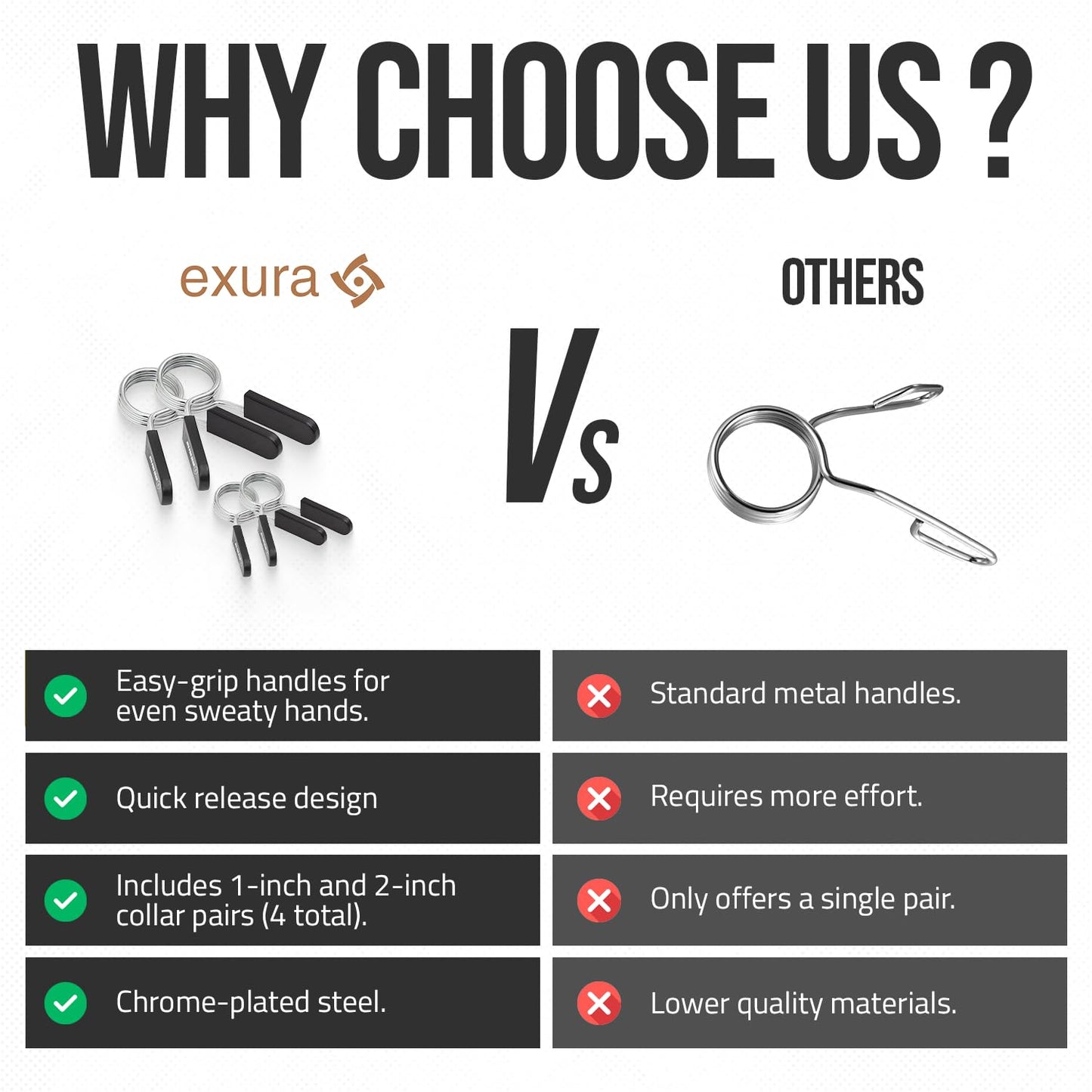 Exura Pack of 2 pairs of Spring Collars 1&2 inch(25mm &50mm) Barbell Clips, Barbell clamps, 2 Pairs of Barbell Collars, Olympic Barbell Clamps Set, Weight Clips For Bars, Weight Bar Clamps