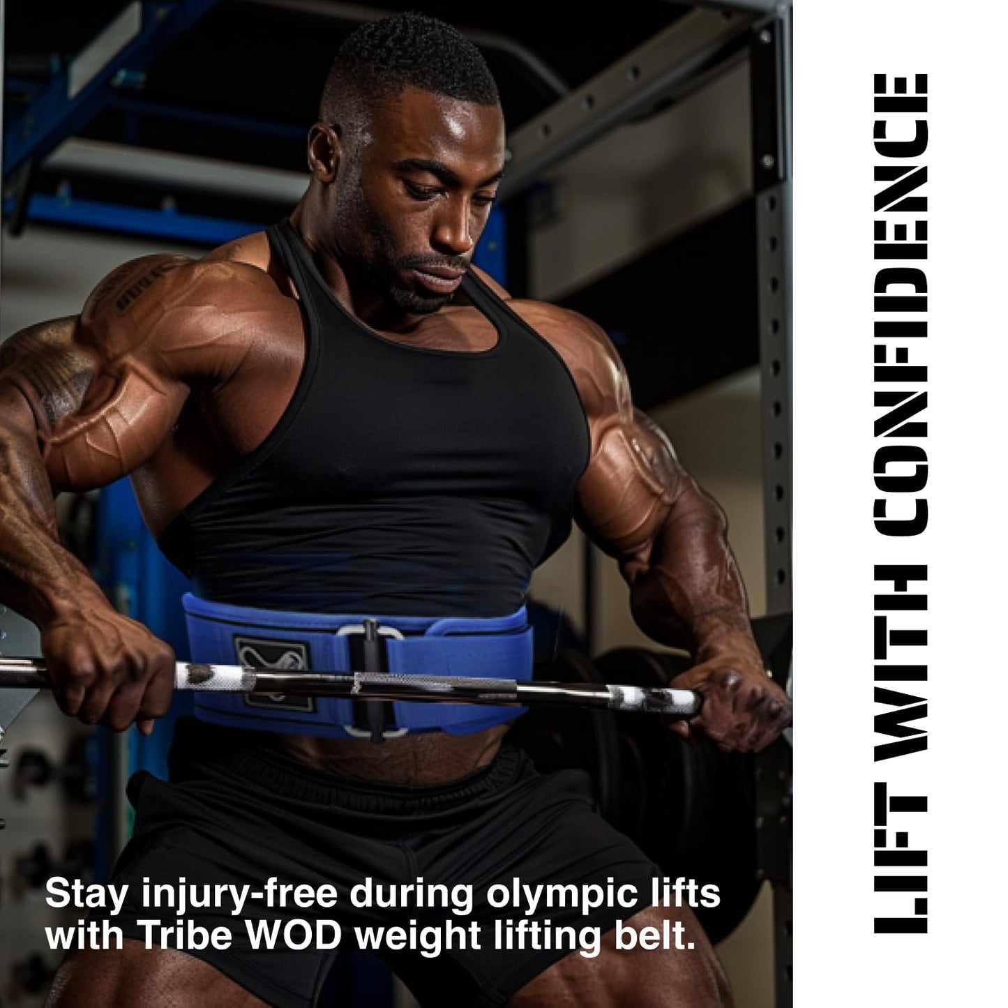 Tribe WOD Self-Locking Weight Lifting Belt - Olympic Powerlifting Gym Belt for Stability & Intra-Abdominal Pressure Control - Ideal for Squats, Deadlifts, Heavy Workouts - 3.9Lx35.4Wx0.78H in - Blue
