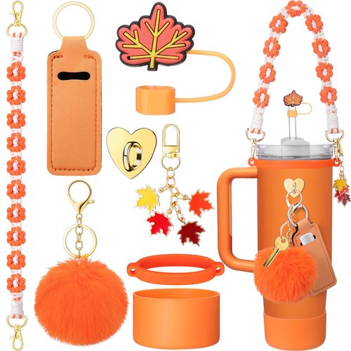 Mity rain 8PCS Cup Accessories for Stanley Cup 30oz 40oz Tumbler with Handle, Including Water Bottle Handle Strap, Chapstick Holder, Boot, Keychain Charms, Straw Topper Cover Cap for Stanley (Orange)