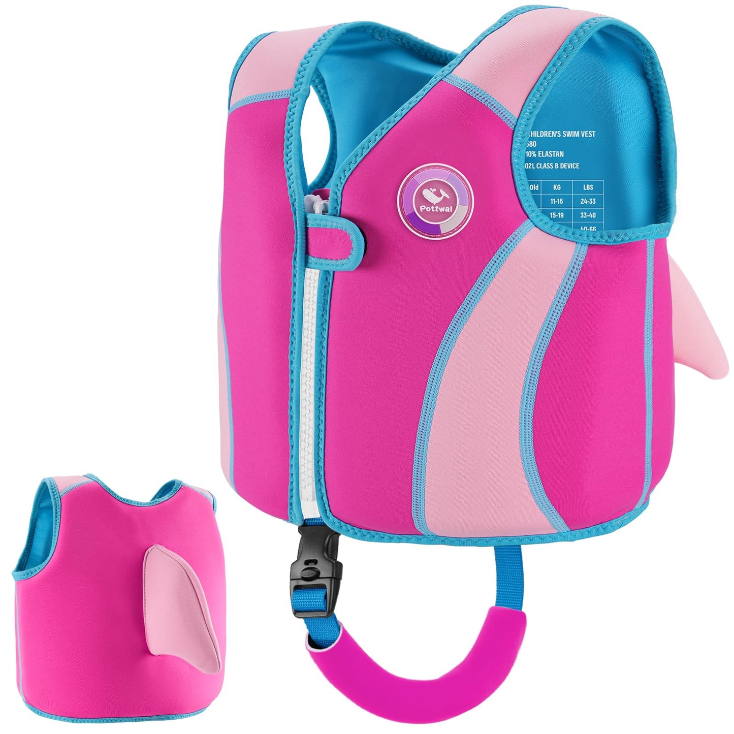 Pottwal Swim Vest for Kids - Swim Jacket for 1-2 Years (24-33LBS Weight) - Puddle Jumper with Adjustable Crotch Strap - Made of Neoprene & EPE - Pink Fish Fin Pattern