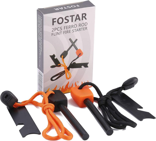 FOSTAR Ferrocerium Alloy Rod Fire Starter, 5/16 Inch Thick Waterproof Fire Steel, Bushcraft Ferro Rod with Easy Grip Handle, Multi-Tool Striker and Paracord Lanyard (2PCS, Black and Orange)