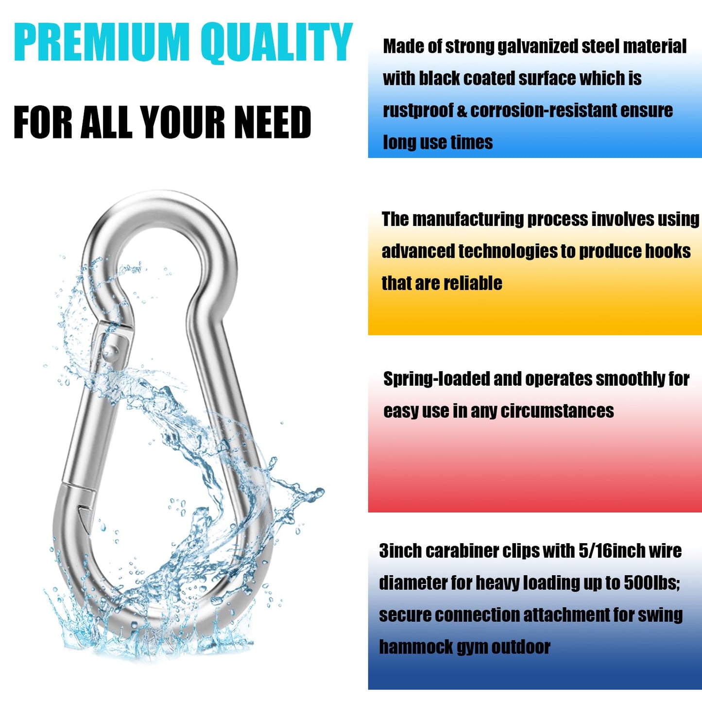 100PCS M8 Spring Snap Hook Carabiner, 3" x 5/16" Heavy Duty Galvanized Steel Carabiner Clips, 470LBS Capacity Spring Quick Links Clips for Camping Hiking Hammock Swing and Outdoor Activities