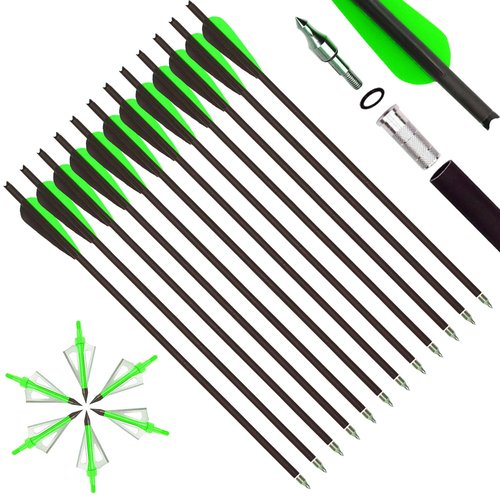 VNAKER 20 Inch Carbon Crossbow Bolts 12 Pack and Hunting Broadheads 6 Pack, Carbon Crossbow Arrows for Hunting and Outdoor Practice