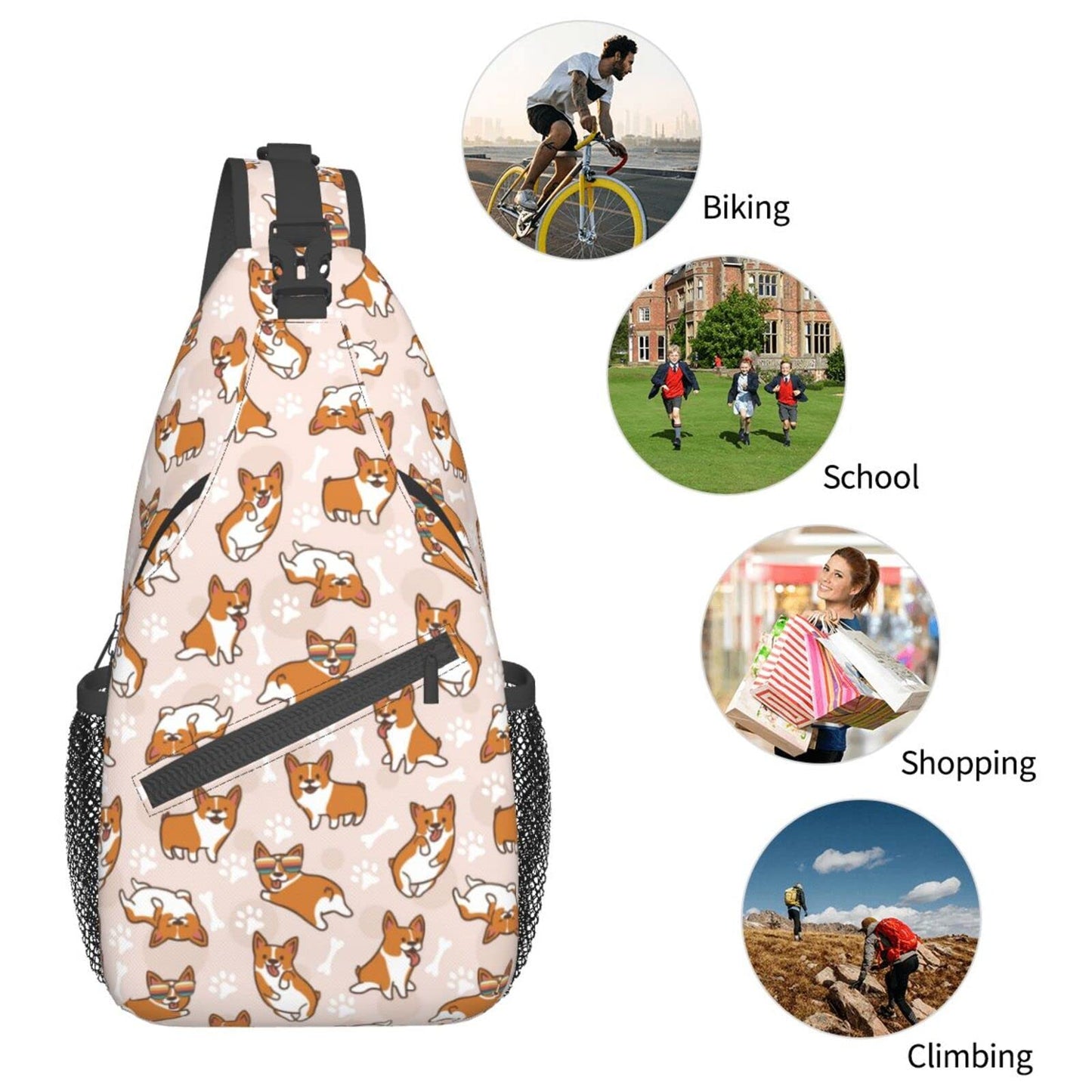 Qaonyui Corgi Sling Bag Crossbody Daypack Hiking Shoulder Backpack for Women Travel