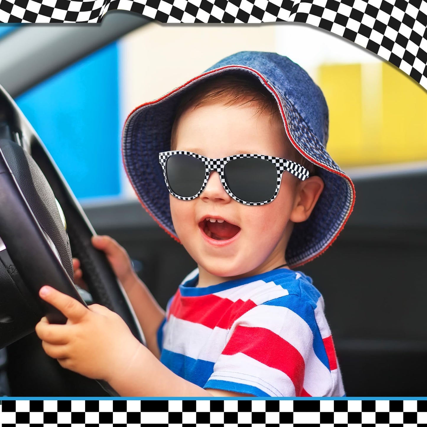 6 Pack Race Car Checkered Sunglasses White Black Frame Checker Sunglasses Bulk for Kids Race car Party Favors Essentials & Gear Up With Hot Car Plastic Glasses for Racing Theme Birthday Supplies Gifts