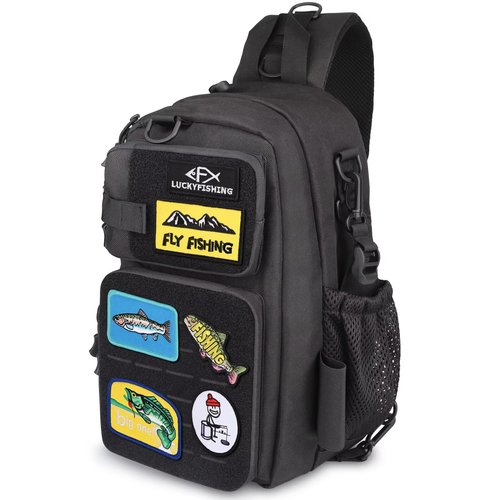 LUCKYFISHING Fishing Backpack Fishing Sling Bag Fly Bag Lightweight with 6PCS Fish Style-DIY Embroidery Patches Gift for Men