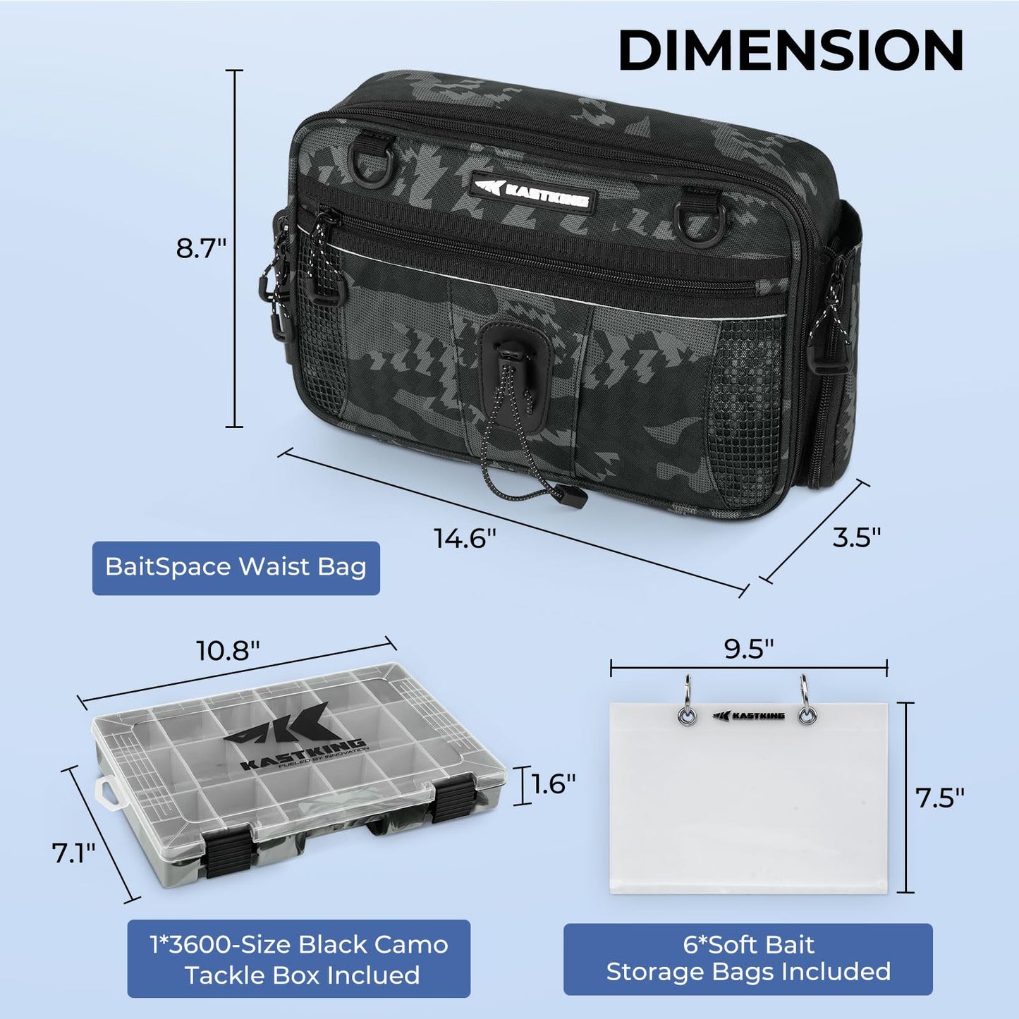 KastKing BaitSpace Waist Bag – Waterproof Tackle Storage Bag With Adjustable Belt, Fishing Fanny Pack for Men, Soft Bait Organizer, 3600 Utility Box, Rod Holder, Nylon, Black Camo